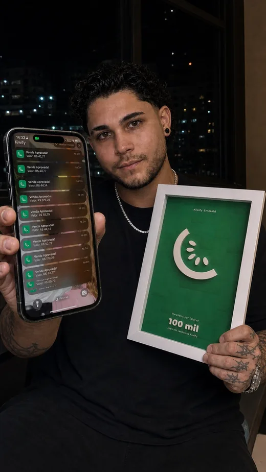 Pedro segurando celular com notificações e placa Kiwify 100 mil