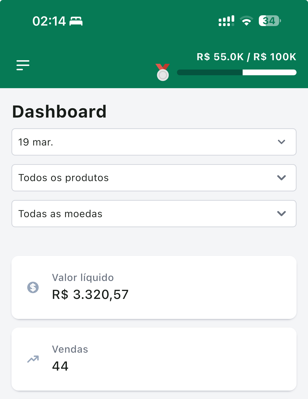 Dashboard mobile com valor líquido e vendas